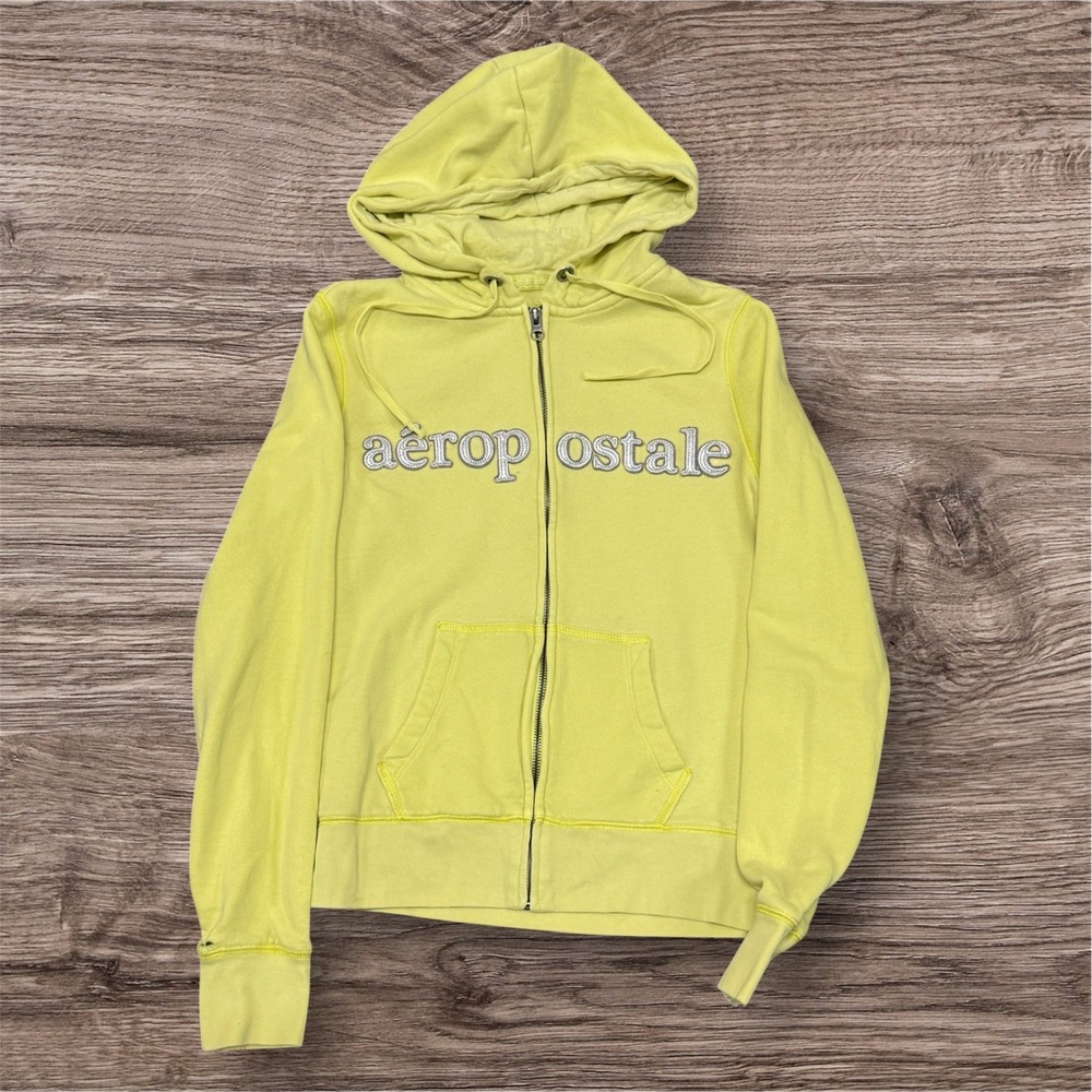 Aeropostale Womens Full Zip Hoodie S Lime Yellow Silver Logo Fleece Sweatshirt